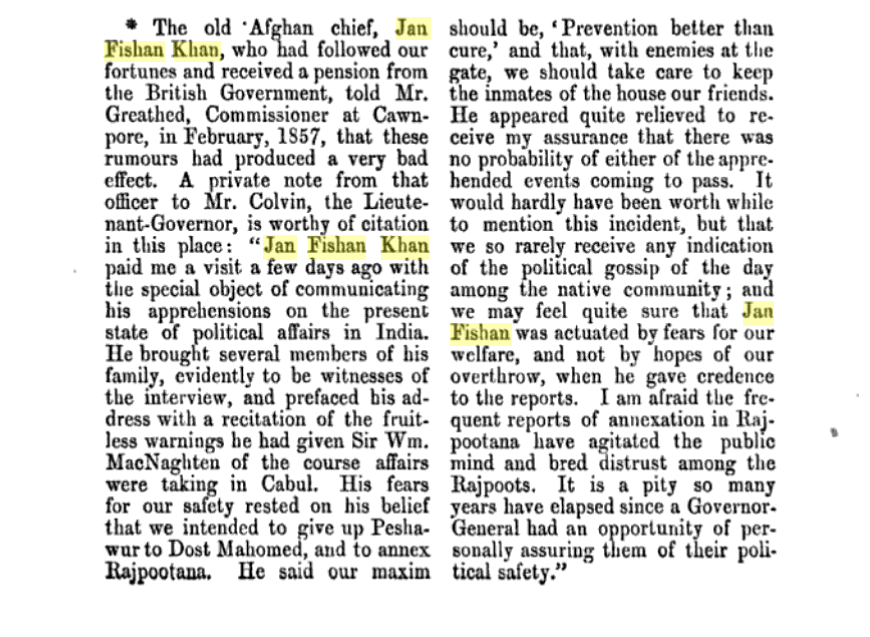 In February 1857, 3 months before before the war of 1857 against British even started, Jan Fishan Khan leaked information to the British that he received rumors of a rebellion.His troops fought at Meerut, Delhi & Jhansi. He was made Nawab of Sardhana for his services to British