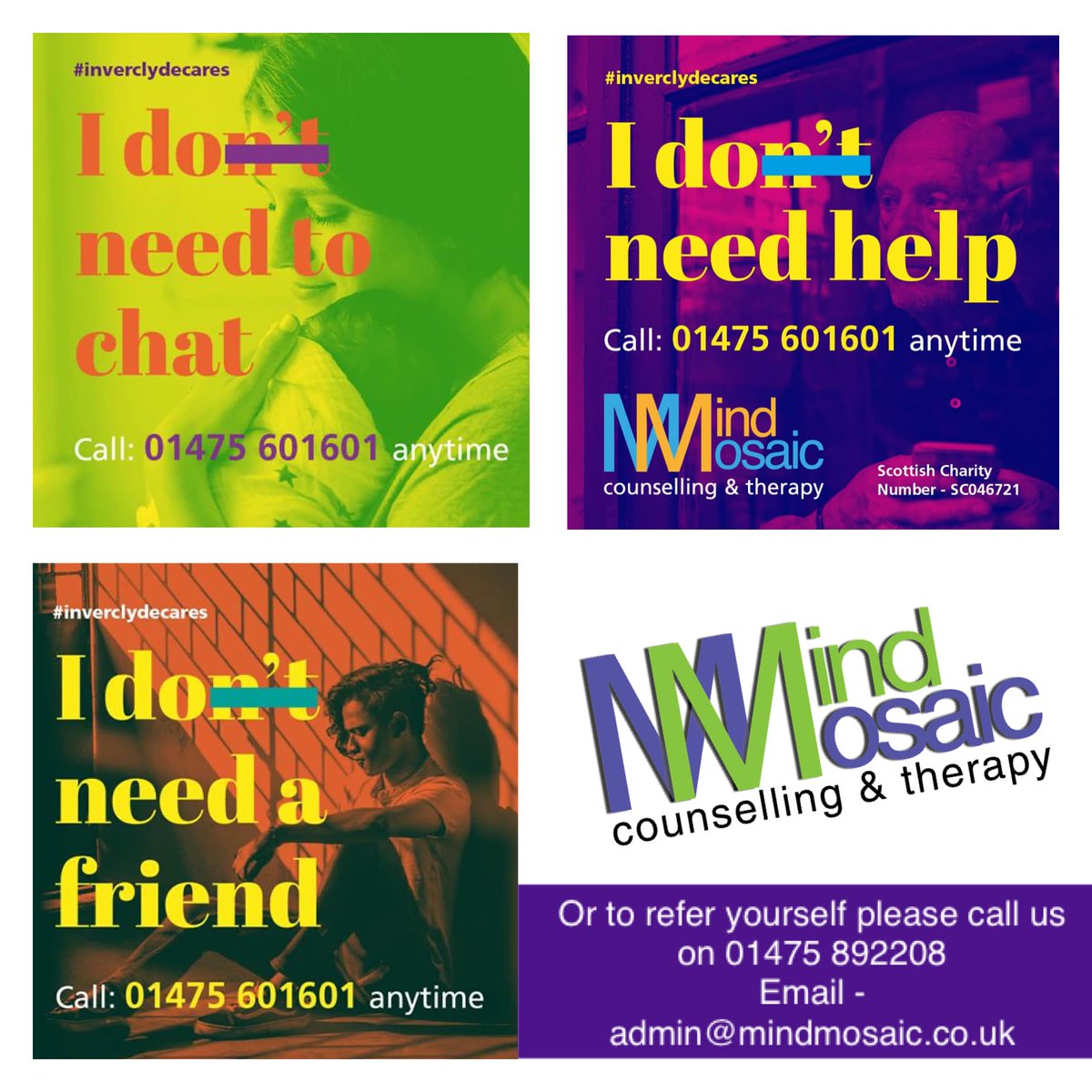 _Mindmosaic's tweet photo. MindMosaic are here to help. Call our Sign of Strength support line on 01475 601601 or email - talk@mindmosaic.co.uk
If you would like to refer yourself please call our office - 01475 892208 or email - admin@mindmosaic.co.uk 🌈💜
#WeAreHereToHelp #SignOfStrength #InverclydeCares https://t.co/JOaHwjWMoe
