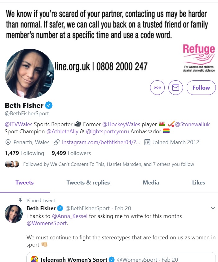 2. Beth Fisher, the selfish anti-woman campaigner, has the Refuge logo as her banner image. Come on Beth, why are on average 1.6 million women the victims of male domestic violence in the U.k.? Is it because of what they are wearing aka identify? Hypocrite & Suffering Profiteer