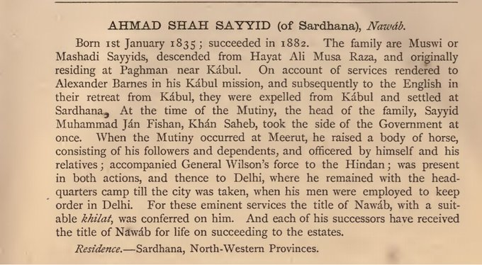 After he was granted a land and made a nawab, he brought his family from Afghanistan to Sardana(India).He was made Nawab of Sardhana for siding with British & fighting against rebel Indian soldiers in the in 1857-58!The Golden Book of India by Sir Roper Lethbridge (Page 13)