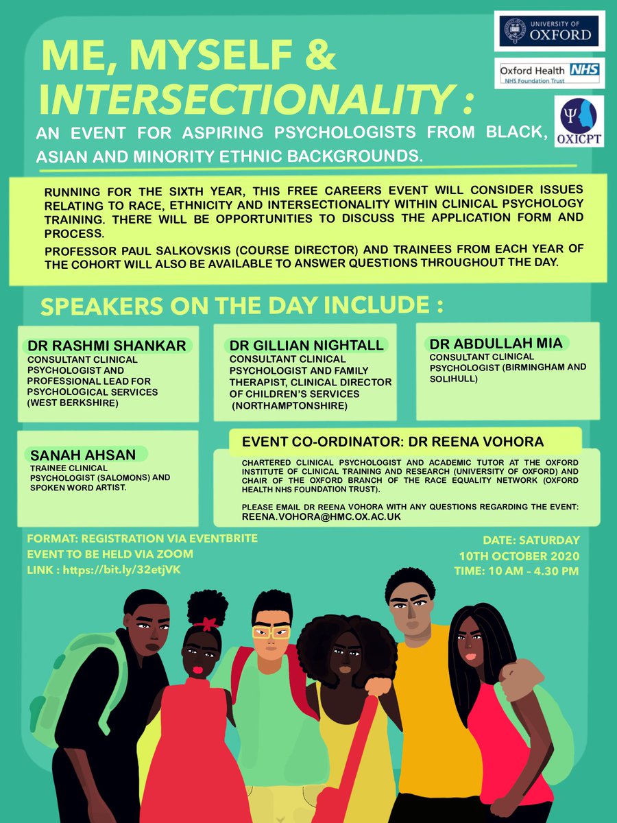 Pleased to announce details of the annual <a href="/oxicpt/">Oxford Institute of Clinical Psychology Training</a> careers event for aspiring clinical psychologists from BAME backgrounds on 10/10/20 <a href="/psalkovskis/">Paul Salkovskis</a> @Mianthrope. Registration via: bit.ly/32etjVK