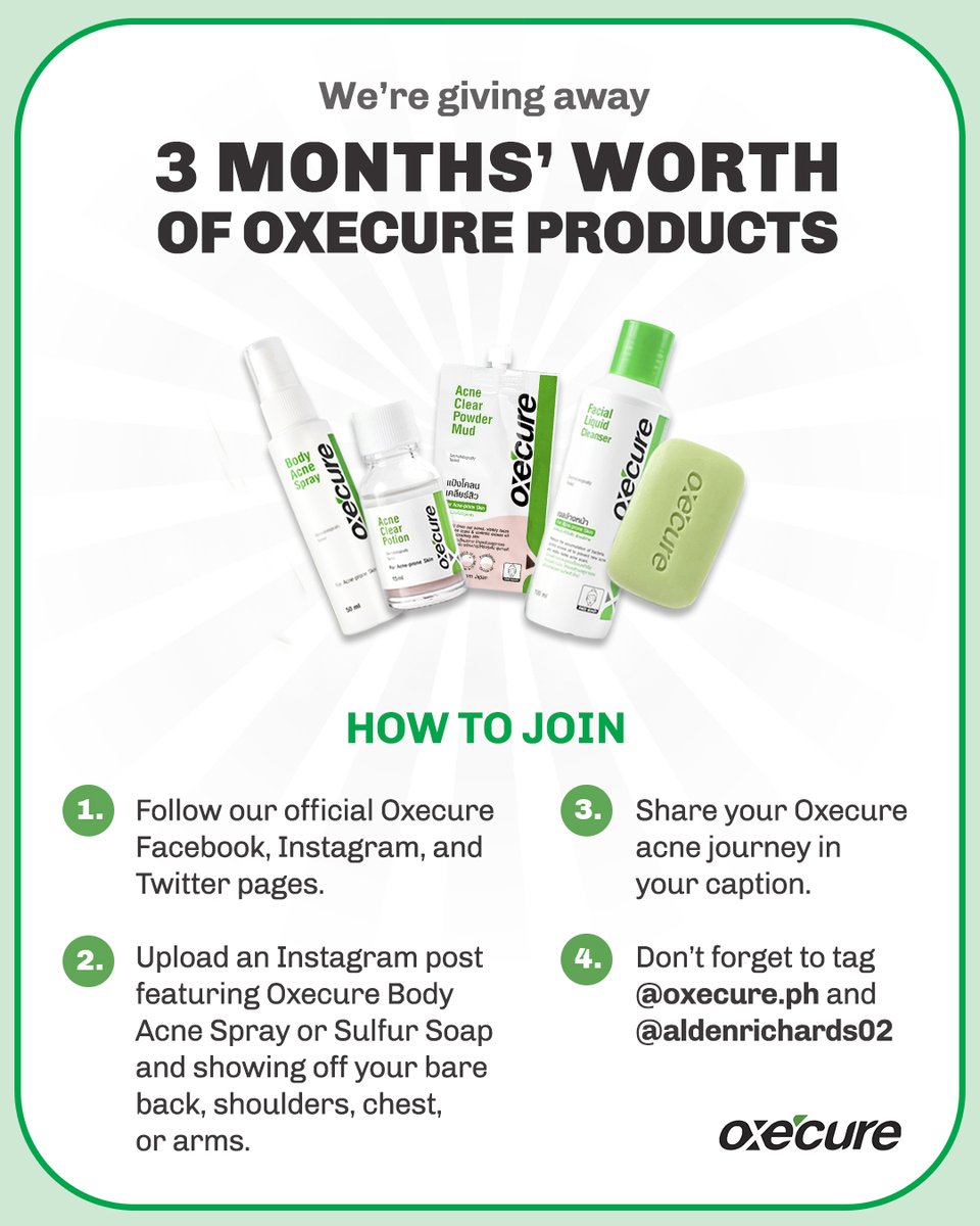 Oxecure_PH's tweet photo. ✨CONTEST TIME!!!✨ Join our #BareYourBack contest and you can be one of the 5 lucky winners chosen by Alden and us to receive 3 MONTHS’ WORTH of Oxecure products! 😍 Head on over to our Instagram page @oxecure.ph to know the full mechanics💚 #OxecureXAldenGotYourBack #OxecurePH https://t.co/0eZ0KJFkOZ