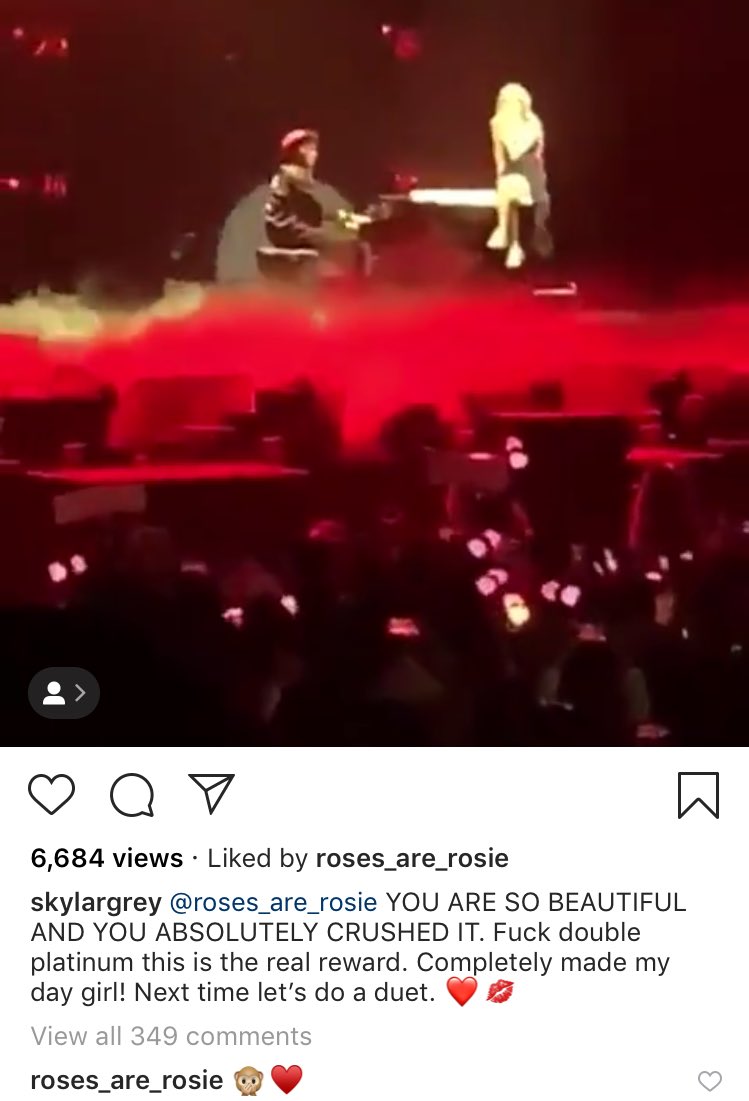 rosé covered skylar grey's "coming home" at a concert and skylar posted it on her instagram."F*ck double platinum this is the real award... next time lets do a duet"