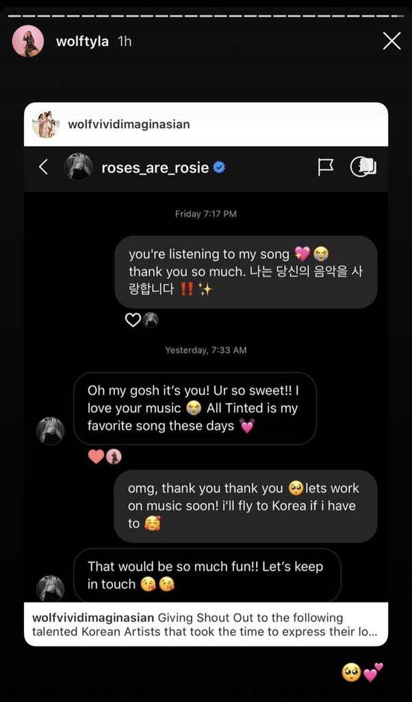 rosé played all tinted by wolftyla on one of her stories, they had an exhange of dms regarding a collab and guess what? it never happened exactly like all other countless offers she has recieved ..