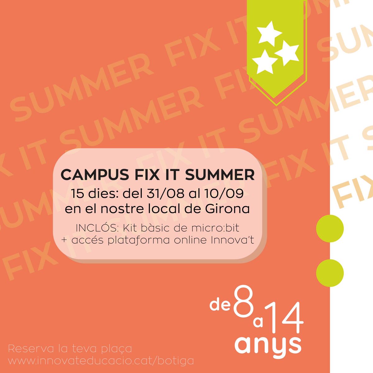 InnovatEduc's tweet image. Campus de Setembre FIX IT Summer. 
Durant aquest campus els participants realitzaran projectes col·laboratius per intentar donar solucions a problemes reals. 
#bitbot #bitbotchallenge2020 #robotica #edtech