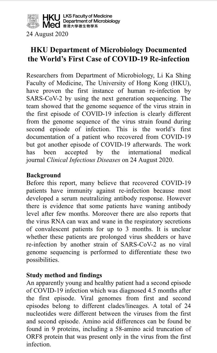 BREAKING—First ever official re-infection case of  #COVID19 documented. Research team from  @hkumed report the first reinfection in press release. Patient reinfected by a completely separate strain of  #SARSCoV2 from original, as proven by sequencing. Details & implications  https://twitter.com/cwylilian/status/1297830744509698050