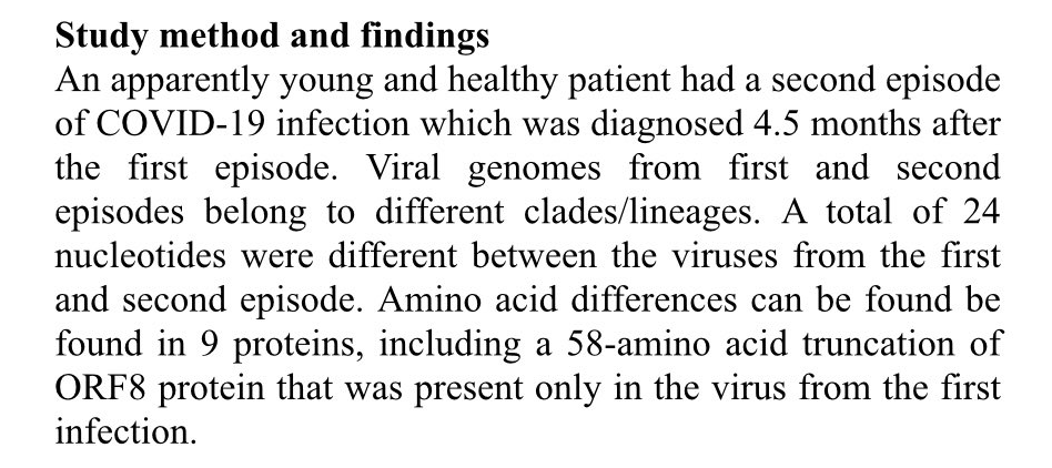 AndyBiotech's tweet image. #COVID19 HKU team claims to document the world&apos;s first case of true re-infection.

Waiting for more details in full manuscript, but it&apos;s particularly concerning that viral genomes from 1st and 2nd episodes (4.5mo apart) belong to different lineages with 24-nucleotide difference.