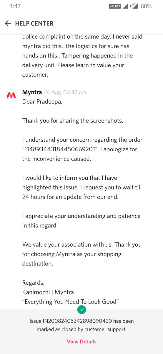 baskar_pradeepa's tweet photo. @myntra @MyntraSupport How do you have the audacity to close my concern as resolved without actually providing a resolution. Do you think I am jobless to reopen issues and you close them over and over? Replied at 4:42 pm. Resolved within 4:48 pm. https://t.co/7i2xduDNSg