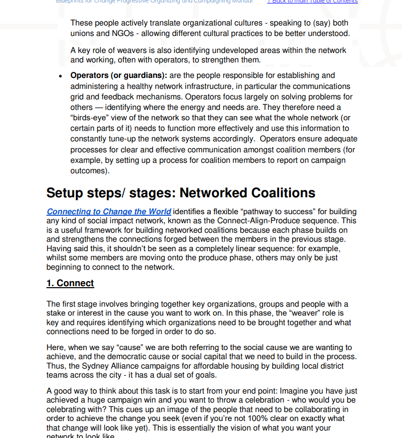 The roles in the global Democrat Networked Coalition:-Principle (Lead organizers)-Drivers (Coordinators)-Supporters (Participants)-Bridge Builder (Weavers)-Operators (Guardians)