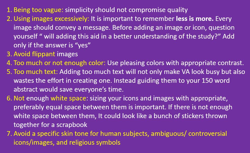 Common mistakes in making a VA: #ImadeeverysingleoneofthemBeing too vagueExcessive/ Flippant imagesToo much/ not enough colorToo much text/ Not enough white spacespecific skin tone for human subjects, ambiguous/controversial icons/images, & religious symbols