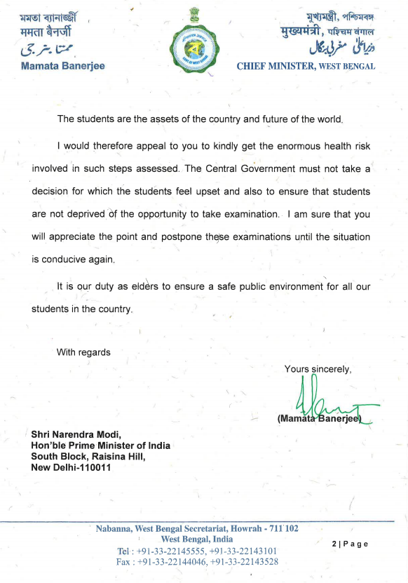 timesofindia's tweet photo. West Bengal Chief Minister Mamata Banerjee writes to Prime Minister Narendra Modi to postpone #NEET and #JEE examinations that are scheduled to be held in September. (ANI) https://t.co/kGYyHbBiDz