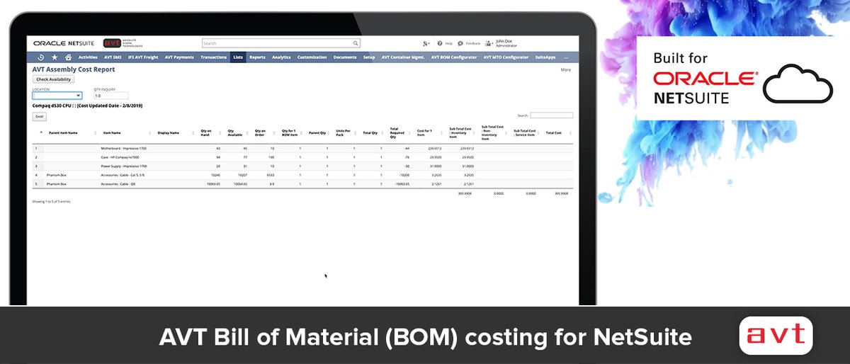 AVT_ANZ's tweet image. AVT SuiteApps - Bill of Material (BOM) costing for NetSuite

AVT BOM Costing SuiteApp for NetSuite allows for the dynamic calculation of and reporting of location based costs and What-if style analysis on component stock:

abvt.com.au/netsuite-suite…

#AVT #AVT_ANZ #AVTSolutions