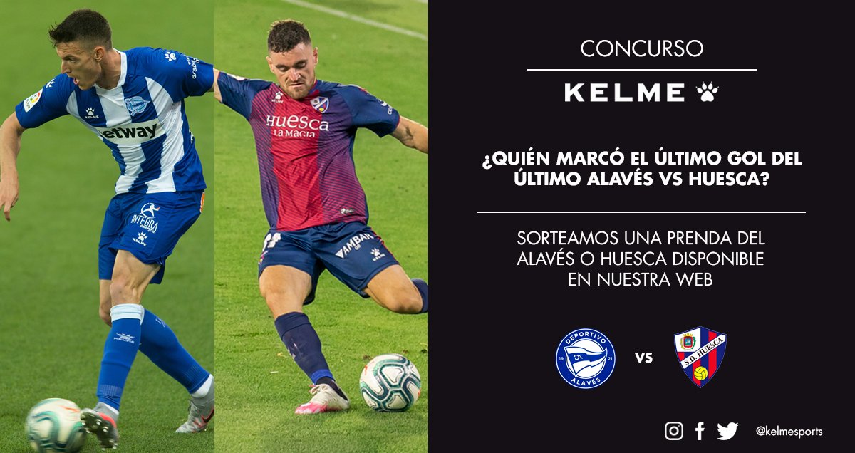 CONCURSO | ¡#PartidazoKELME! El miércoles viviremos un @Alaves vs @SDHuesca, ¡y nos morimos de ganas! Para celebrarlo, puedes ganar cualquier prenda oficial de ambos equipos disponible en nuestra web. ¿Cómo? 👉🏼 Dinos quién marcó el último gol del último encuentro entre ambos.