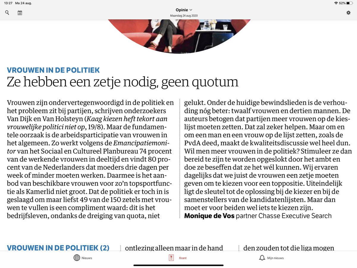 Het gaat best goed met het aantal vrouwen in de politiek, lees hier mijn reactie in NRC van vandaag n.a.v. een eerder verschenen opiniestuk