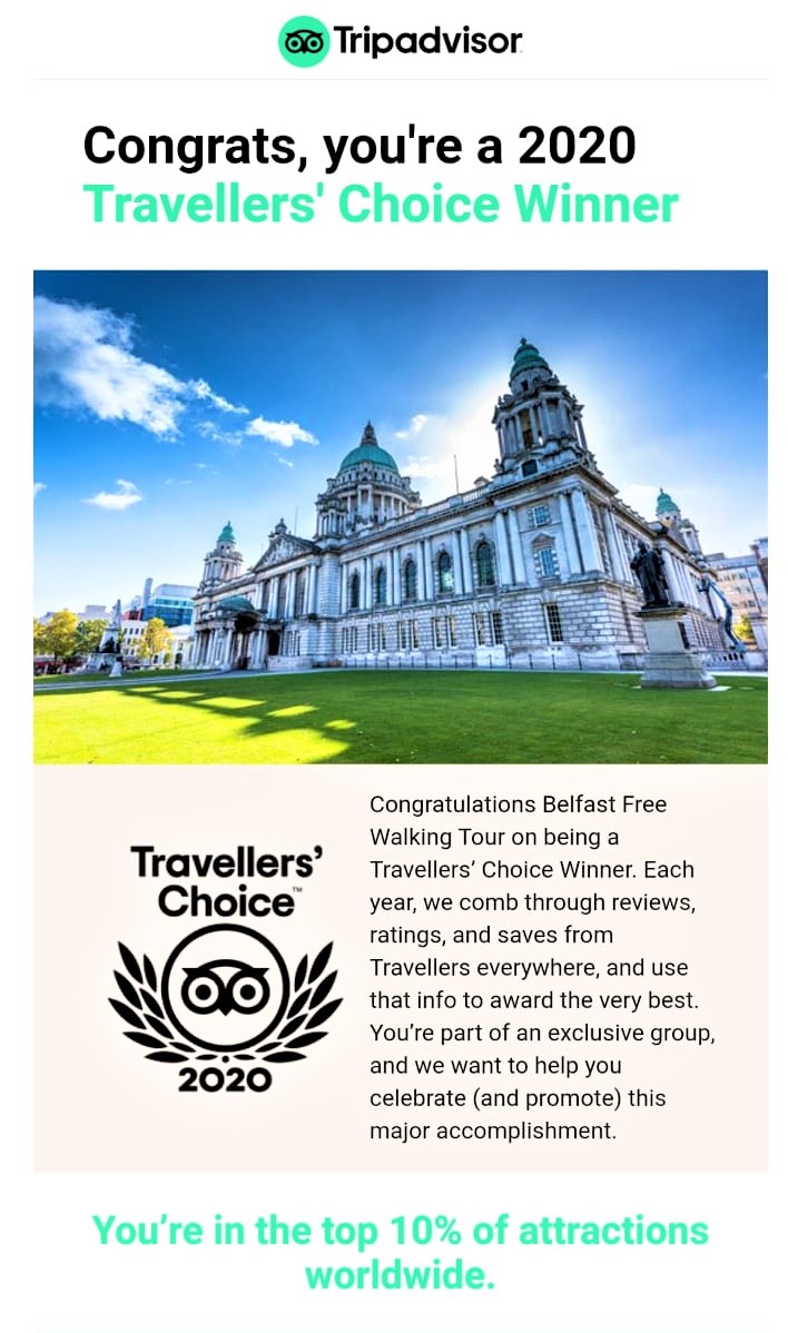 BelfastFreeTour's tweet photo. We are honoured to be awarded Tripadvisor's Travellers Choice Award 2020. This ranks out FREE TOUR in the top 10% in the world. Join our daily #FREETOUR at 11 AM and 2.30pm https://t.co/vqoWC4S8lg https://t.co/juEly7Lpga