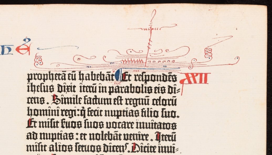 The Bodleian version’s rubricator appeared to follow the guide.It has the recommended paragraph marker (in blue) and chapter number written in red in the margin. The rubricator has also added a fancy pen-flourishing, to draw attention to the chapter break. (One point awarded.)