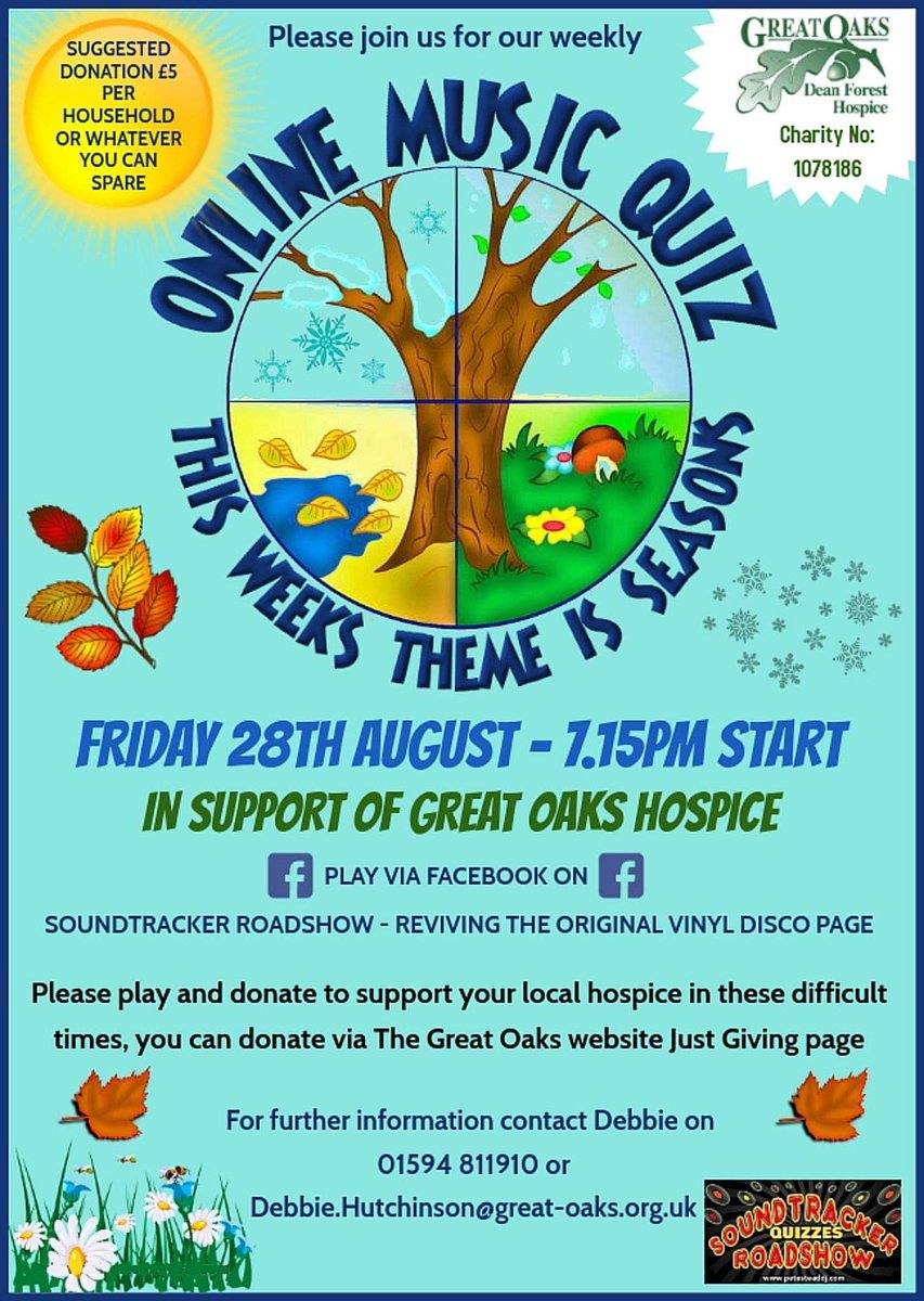 GreatOaksHosp's tweet photo. #Herefordhour #Weekly #Online #Themed #Music #Quiz #Seasons #NameTheArtist #NameTheSong #Written and #Hosted by #Herefordshire #DJ @petesteaddj  

#Hospice #Charity #Fundraising #MusicQuiz #Entertainment https://t.co/xY4bOMeIqj