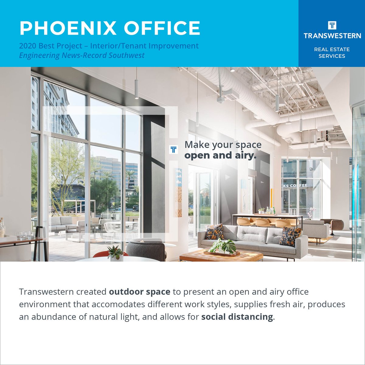 Transwestern's tweet photo. With the help of @gensler_design, we are proud that @ENR_SW named our #Phoenix office the 2020 Best Project – Interiors/Tenant Improvement.
See how to incorporate #officedesign elements to #MakeYourSpace a winner. Photos by Ryan Gobuty.
#CRE #realestate #interiordesign #award https://t.co/JDkGlmlIbS