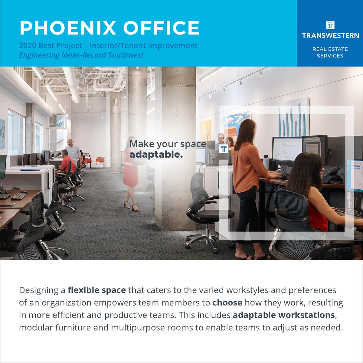 Transwestern's tweet photo. With the help of @gensler_design, we are proud that @ENR_SW named our #Phoenix office the 2020 Best Project – Interiors/Tenant Improvement.
See how to incorporate #officedesign elements to #MakeYourSpace a winner. Photos by Ryan Gobuty.
#CRE #realestate #interiordesign #award https://t.co/JDkGlmlIbS