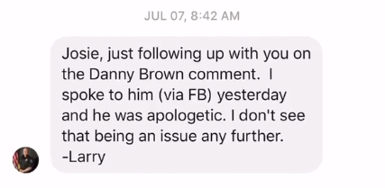 Screenshots Stanfield provided show her asking Prineville PD to pursue harassment charges against an entirely different man, who posted menacing comments and sent josie a message asking if it would be okay to smash her windows.