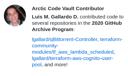 lgallard's tweet photo. GitHub me dio el badge Arctic Code Vault Contributor con lo cual mis repos quedan para la posteridad en el Ártico  https://t.co/5AbV2pYavX 

#github #git https://t.co/mpJSPavDqD