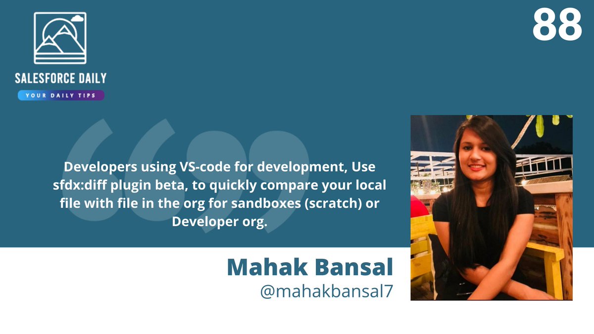 Paarth Jolly (@jollypaarth) on Twitter photo #SalesforceDaily Your Daily Tip - 88
#Trailblazer - <a href="/Mahakbansal7/">Mahak Bansal</a>
Category - Vs Code
Submit your #Salesforce Tip!
lnkd.in/erh23RF
<a href="/Akash_SFDC/">Akash Mishra (He/Him)</a> <a href="/pritamsfdc/">Pritam Shekhawat</a>
<a href="/vipulgoel19/">Vipul Goel ☁ 🎭 (He/Him)</a>
Follow Previous Missed Tips: salesforcedaily.in
#SalesforceOhana #SalesforceDaily Your Daily Tip - 88
#Trailblazer - <a href="/Mahakbansal7/">Mahak Bansal</a>
Category - Vs Code
Submit your #Salesforce Tip!
lnkd.in/erh23RF
<a href="/Akash_SFDC/">Akash Mishra (He/Him)</a> <a href="/pritamsfdc/">Pritam Shekhawat</a>
<a href="/vipulgoel19/">Vipul Goel ☁ 🎭 (He/Him)</a>
Follow Previous Missed Tips: salesforcedaily.in
#SalesforceOhana