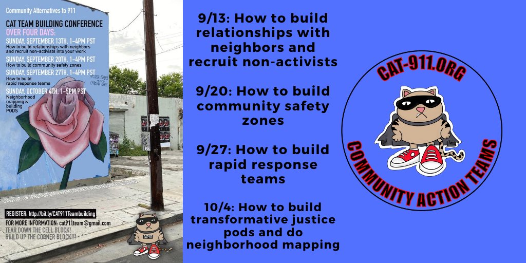 ANNUAL CAT-911 ORGANIZING CONFERENCE
How to Build Alternatives to 911 in your Community

We will focus on practical, nuts and bolts strategies for how to build community-based alternatives to 911.

Register at bit.ly/CAT911Teambuil…