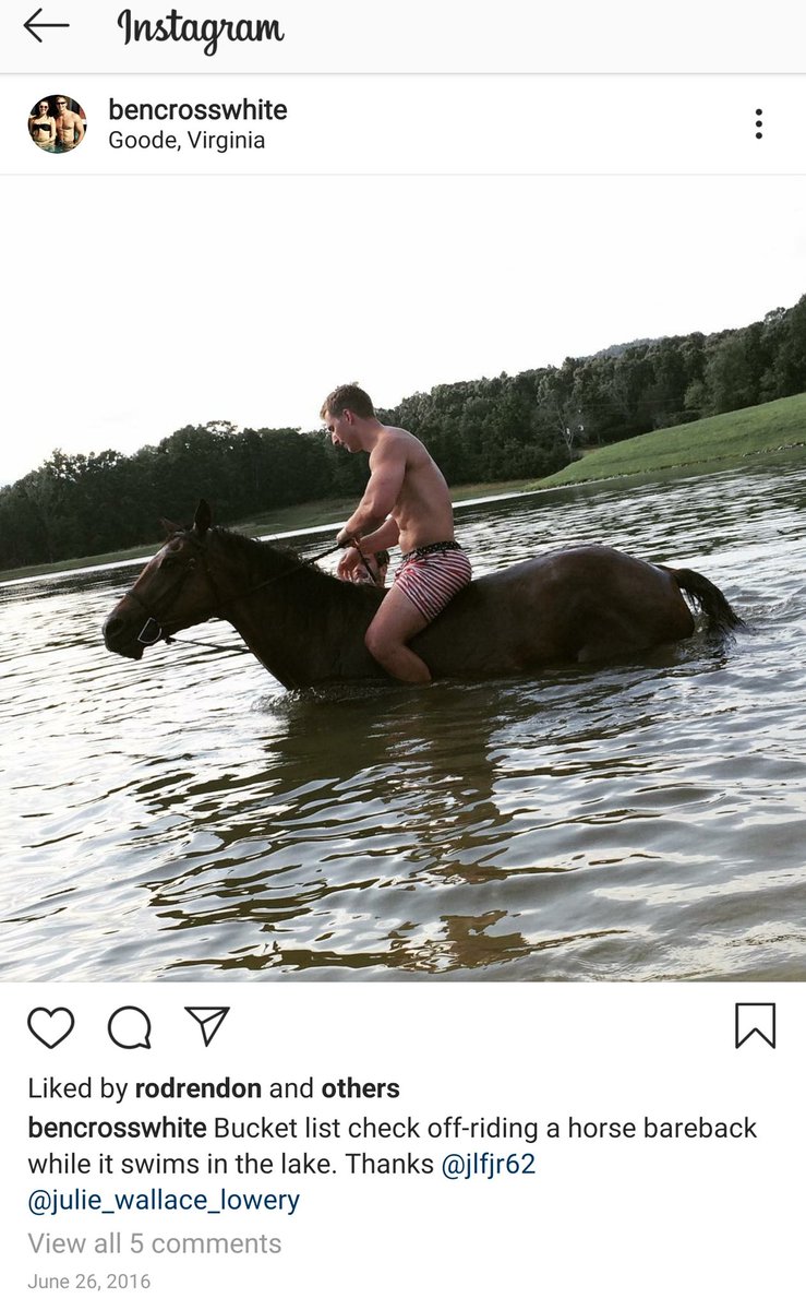 Benjamin Crosswhite - the trainer of Jerry Falwell - riding a horse bareback at Falwell’s ranch in Goode, Virginia. “Bucket list check off-riding a horse bareback while it swims in the lake.