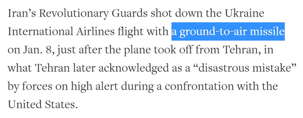 41)Are Reuters & Hafezi deliberately using the phrase "ground-to-air missile" & not "surface-to-air missile," knowing that "SAM" is a further indication that Iran's military was involved in intentionally shooting down a passenger plane & killing 176 innocent people?If so, why?