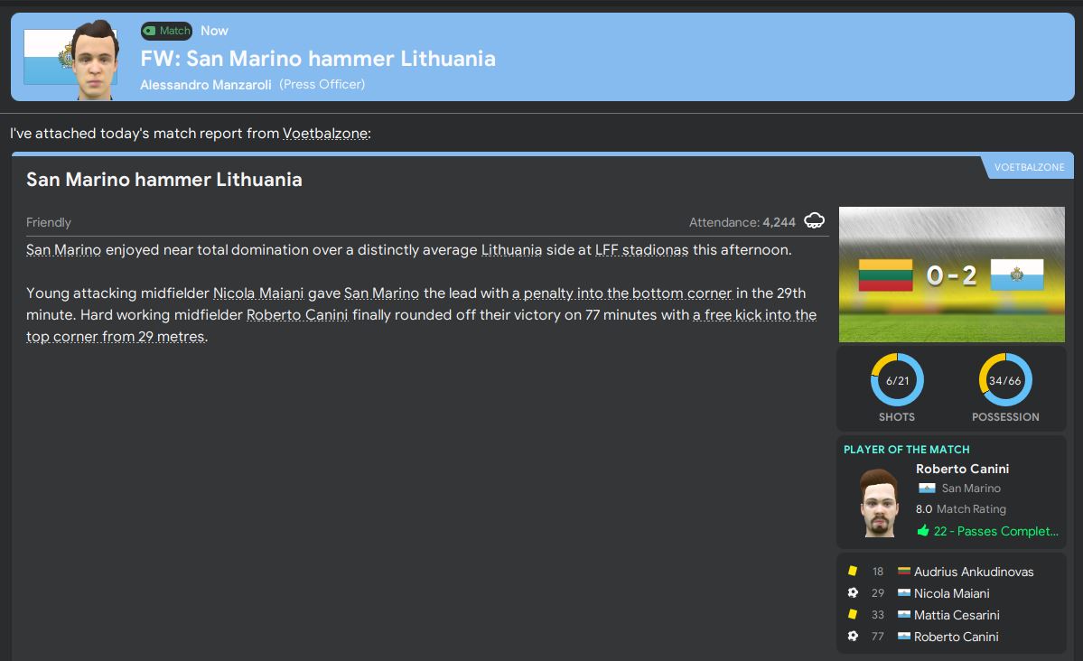 A solid win in a friendly against Lithuania for a second-string San Marino team before we switched back to the full strength team against England. Sadly, we were comfortably beaten by the world champions, but whoever thought San Marino would dominate possession at Wembley?  #FM20