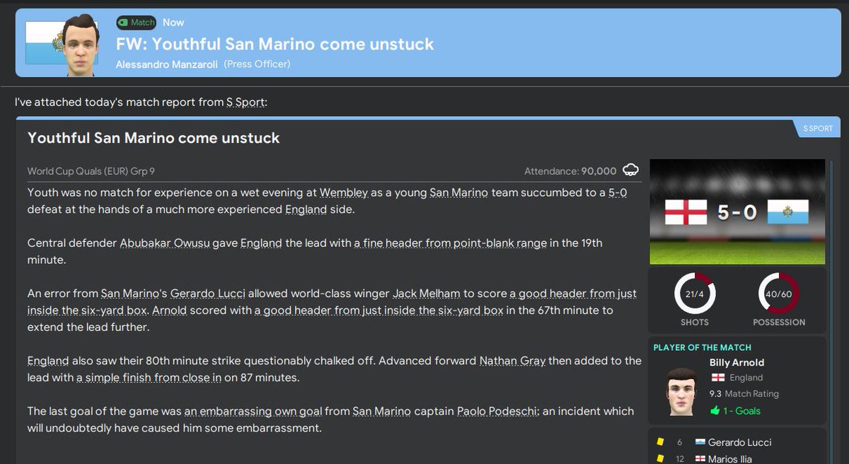 A solid win in a friendly against Lithuania for a second-string San Marino team before we switched back to the full strength team against England. Sadly, we were comfortably beaten by the world champions, but whoever thought San Marino would dominate possession at Wembley?  #FM20