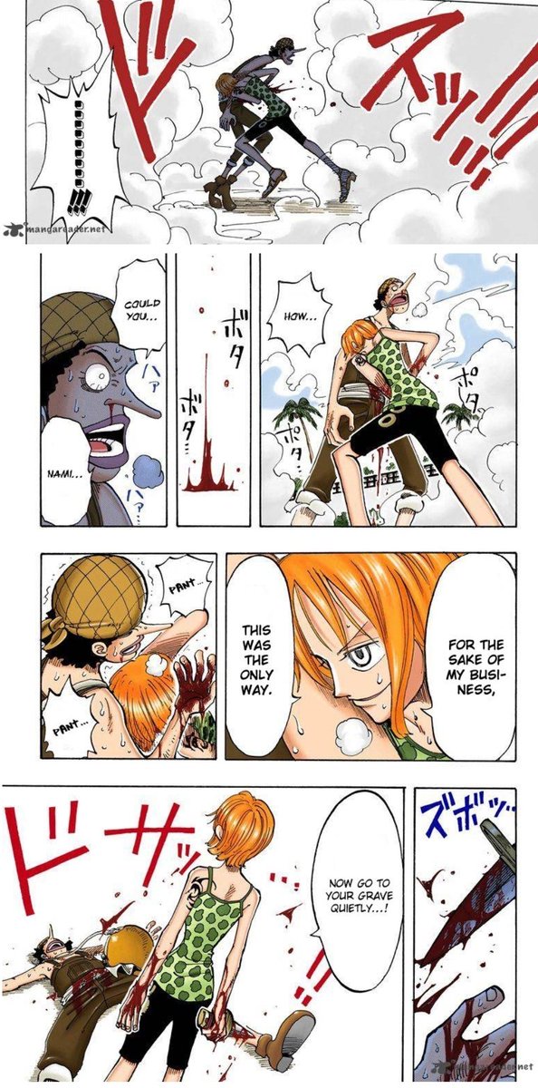 To start, we learn some things through character interactions before the flashback namely1. Nami does actually care shown by zoro2. She's masterful at hiding it3. She will do anything to keep the burden on her and keep others from being involved through ussops case