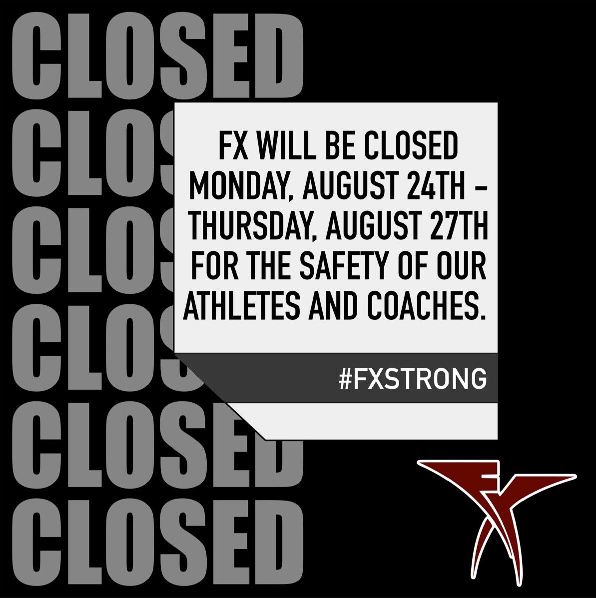 fx_cheer's tweet photo. Due to the unpredictable nature of these storms, we are erring on the side of caution and are temporarily closing. All updates will be released via email and through our social media accounts. Stay safe FX family. We love you! ๐คโ๏ธ๐ค #FXstrong #1FA2EIM #cheerfx https://t.co/cFuBelHQTL