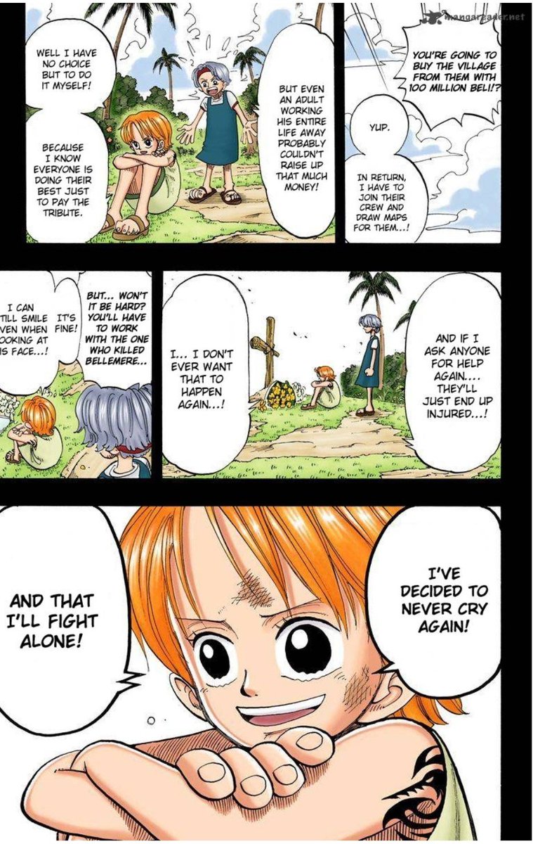 We now clearly know that nami1. Doesn't want anyone to get hurt because they tried to help her2. She's willing to be dishonest if it means others don't get hurt3. She won't cry in front of others4. She wants the burden to only be hersThis sets up later events