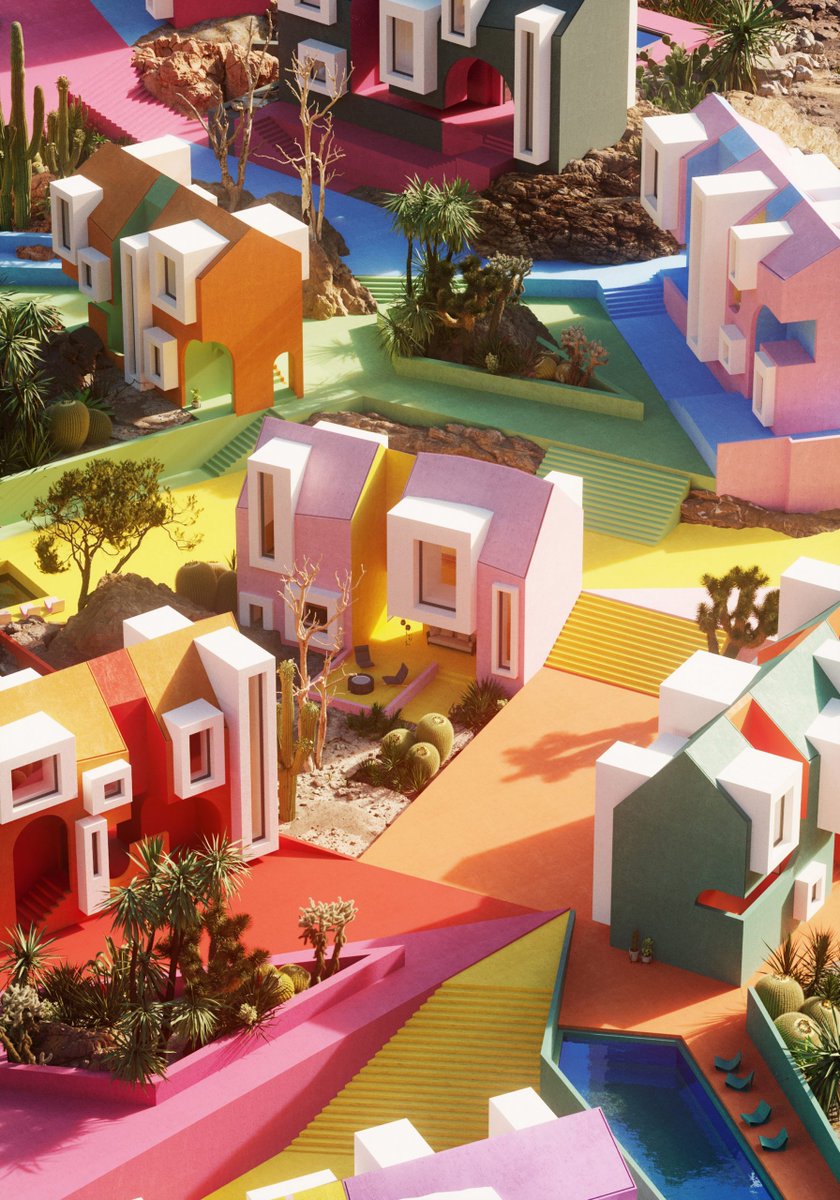dezeen's tweet image. Sonora Art Village is an imaginary community in Mexico with bright-coloured buildings and swimming pools: at.dezeen.com/2DHPMSG