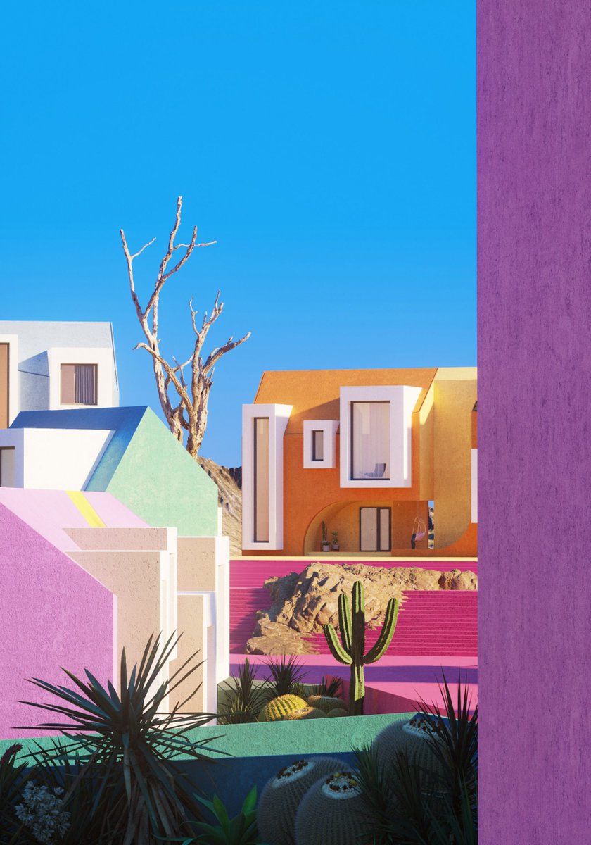 dezeen's tweet image. Sonora Art Village is an imaginary community in Mexico with bright-coloured buildings and swimming pools: at.dezeen.com/2DHPMSG