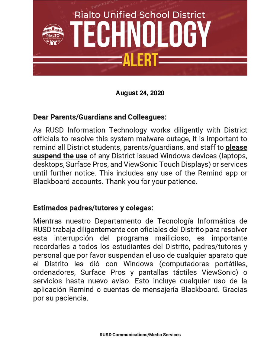 UPDATE: As Bridge Academy is postponed in the RUSD due to malware issues, please read the following below. We appreciate your understanding and will continue to update as soon as we can. #InThisTogether