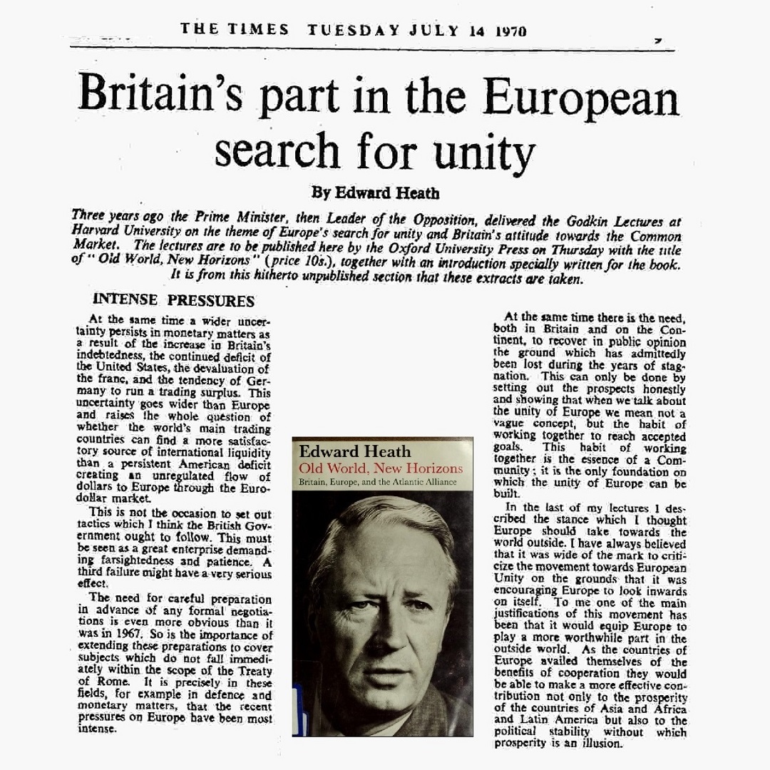 July 14th, 1970: One month after his election, Heath’s book is published covering political union in Europe. It would cover subjects such as monetary union and defence.