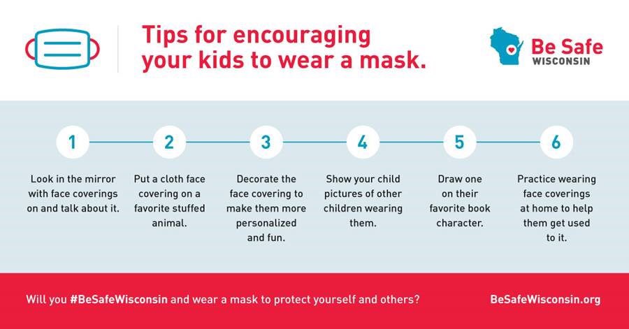 BeSafeWisconsin's tweet photo. Need help getting your child into a regular routine of #masking? Here are some helpful tips as many young students get ready to head back to the classroom or daycare. #BeSafeWisconsin #StopTheSpread https://t.co/fl5julVUnJ