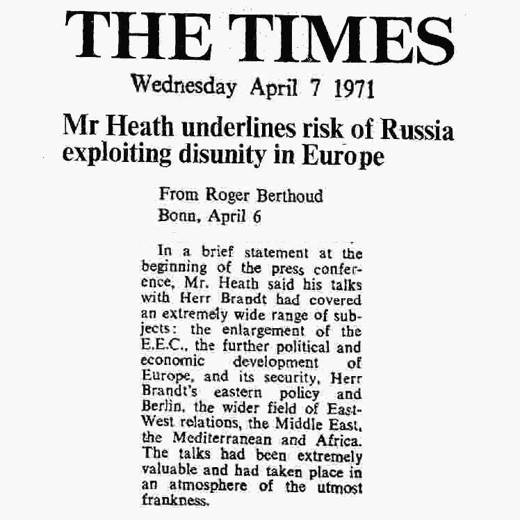 April 7th, 1971: Heath makes a brief statement on his talks with German Chancellor Willie Brandt, stating they had covered, among other things, the further political and economic development of Europe.