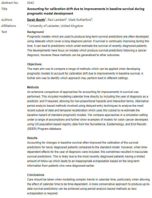 UoL_Biostats's tweet photo. 🗓️Tuesday 25th
⏰15:26 to 16:44
➡️OC28 - Personalised Medicine
👩💼 @SarahBooth321
🗣️Accounting for calibration drift due to improvements in baseline survival during prognostic model development
↕️↔️📉 https://t.co/KNGbF30GuR