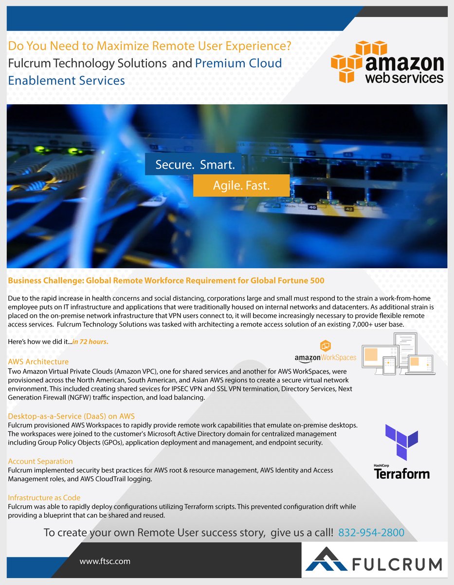 Do you have a Remote User Experience that works for you? Let <a href="/fulcrumtsc/">Fulcrum</a> help! We architected a remote access solution for 7,000+ user bases in 72 hours, so we can customize the right solution for you, too! Learn more. info@ftsc.com #RemoteAccess #Architecture #Customize