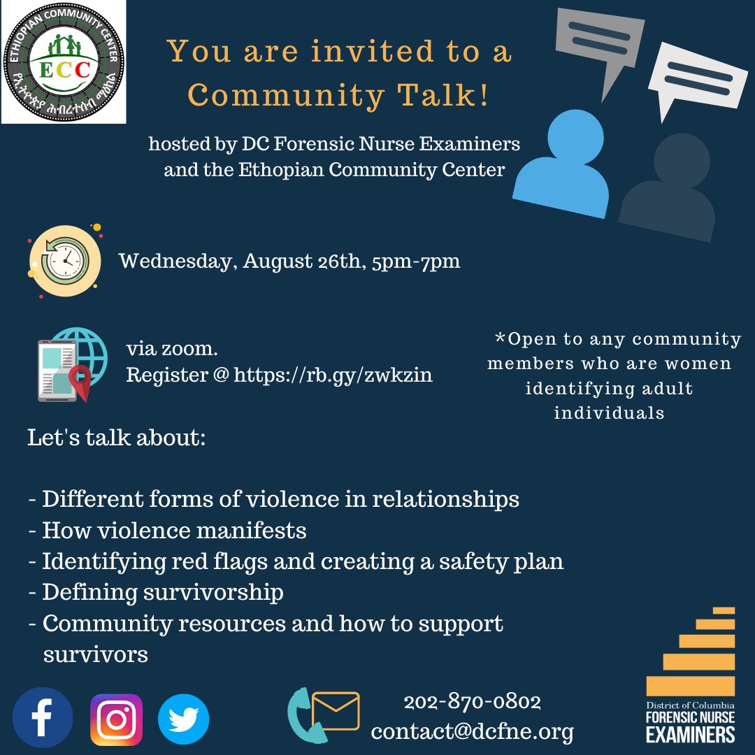 DCFNE's tweet photo. We are excited to announce that we are partnering with the @Ethiopian Community Center on Community Talk on August 26th at 5pm. This workshop will be held in English and Amharic. Pre-registration is required at  https://t.co/W20zpAZxpc. https://t.co/JH4ASGAbAE