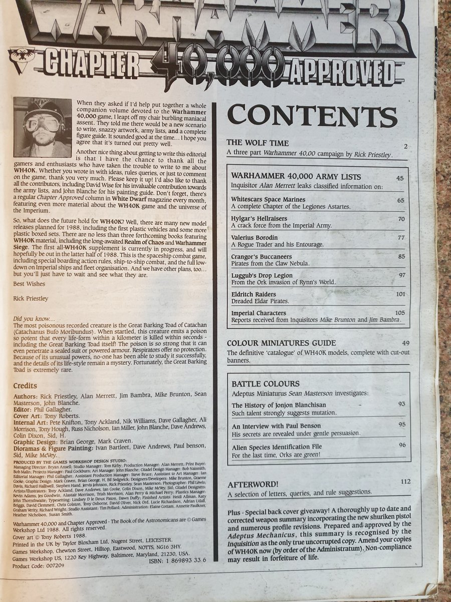 Transmission 4 includes us talking about Chapter Approved, the little known first supplement for  #warhammer40k 1E that ended up supplanted by the Compendium/Compilation.Here's a thread of pics from George's copy of said book + notes to supplement said podcast.  #warmongers  1/