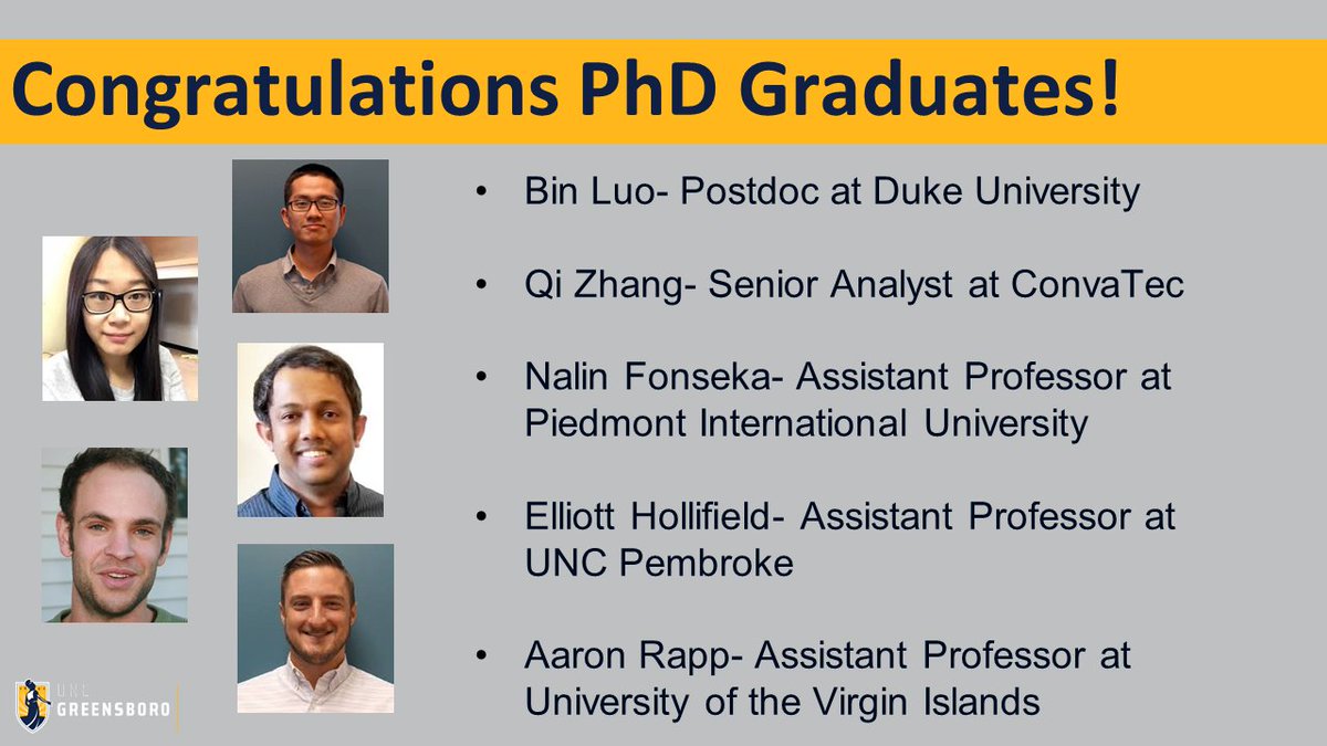 UNCGmathstats's tweet photo. Congratulations to our 5 PhD students who graduated this year and went on to secure excellent jobs!
#UNCGgrad #UNCGWay #UNCGmathstats #phdlife #mathematics #statistics https://t.co/QCUSaeAOya