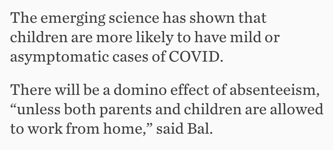 11. “There will be a domino effect of absenteeism"?No. There will be a domino effect of kids coming to  with COVID.Asymptomatic  in rms of 30+.Mildly symptomatic  getting sent to school due to no paid sick leave and job security.Result = this is getting old fast, no?