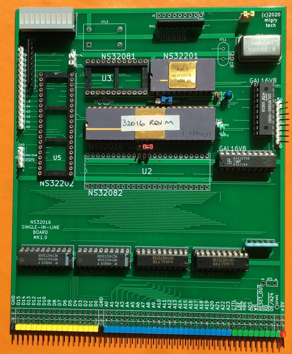 migry_tech's tweet photo. Here is the built #NS32016 CPU board, now debugged. I soldered two adjacent SMT resistors horiz rather than vertically. I pulled the #NS32201 RWEN input to +5V rather than gnd, which tristates notRD and notWR! This mistake did make me realise that one GAL could be eliminated. https://t.co/Te3NqCqX3U