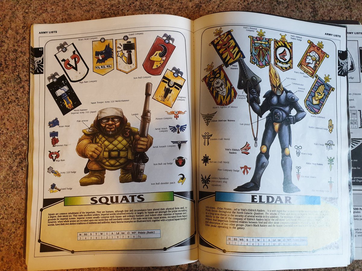 Squats and Eldar colour pages! (Also evidence of how much the binding is wearing down on George's copy ) note the Squats as Imperial arny and the Eldar with piratical bands and helmet stripes.  #warmongers  5/