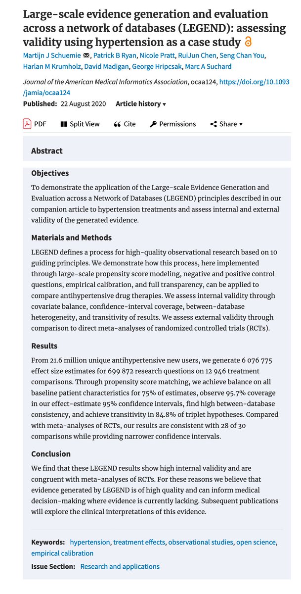 Here is our companion piece: "Large-scale evidence generation and evaluation across a network of databases (LEGEND): assessing validity using hypertension as a case study”  https://academic.oup.com/jamia/advance-article/doi/10.1093/jamia/ocaa124/5895564?guestAccessKey=3f845cae-005c-47bd-9772-ab2d587dec45