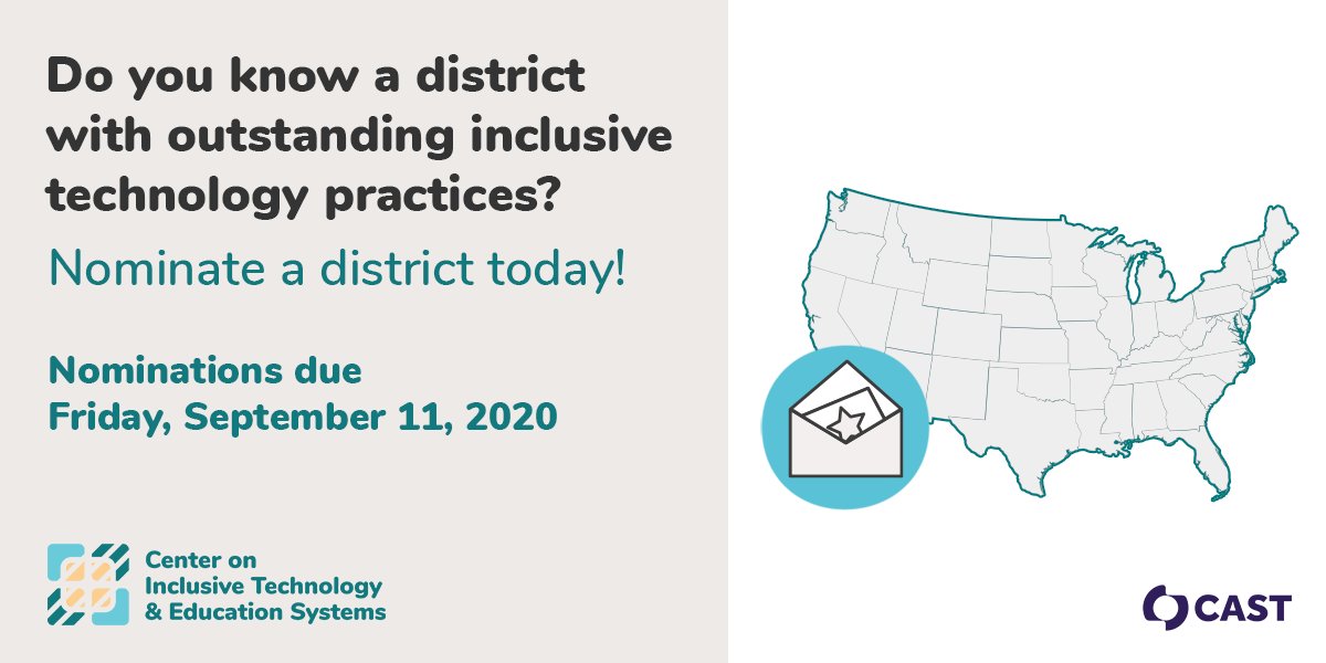 CAST_UDL's tweet image. We’re eager to connect with districts that have harnessed the power of #EdTech, #AT, & #InfoTech to create equitable and accessible learning for all students. Does this sound like a district you know? Nominate one today: ow.ly/TXXS50B4VWI #ATchat #ISTE20 #UDLchat #CITES